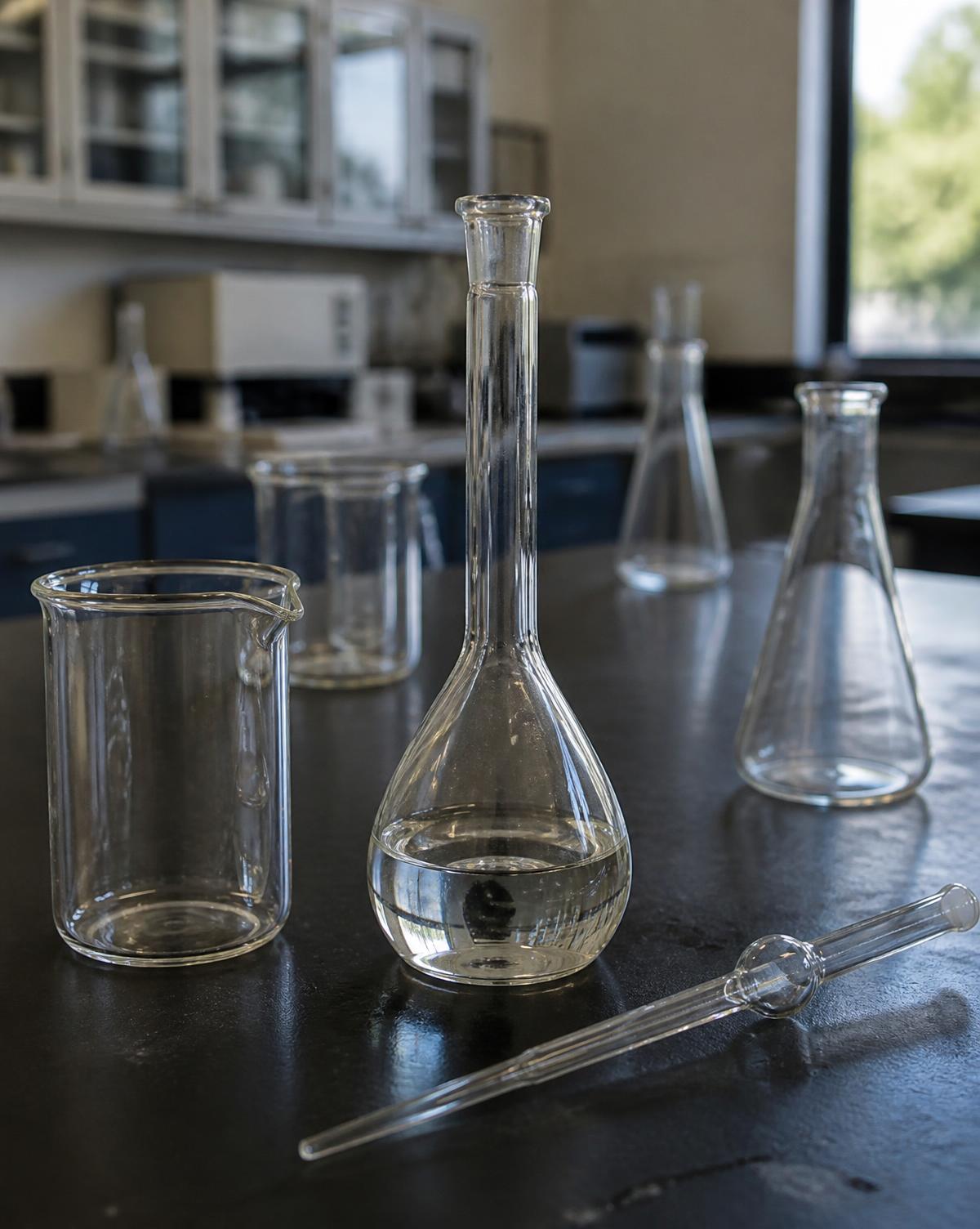 Laboratory glassware and precision pipette in a research environment