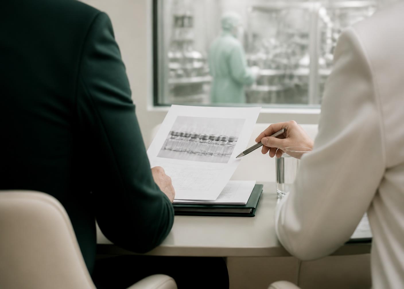 Business partners reviewing pharmaceutical manufacturing documentation beside a production suite