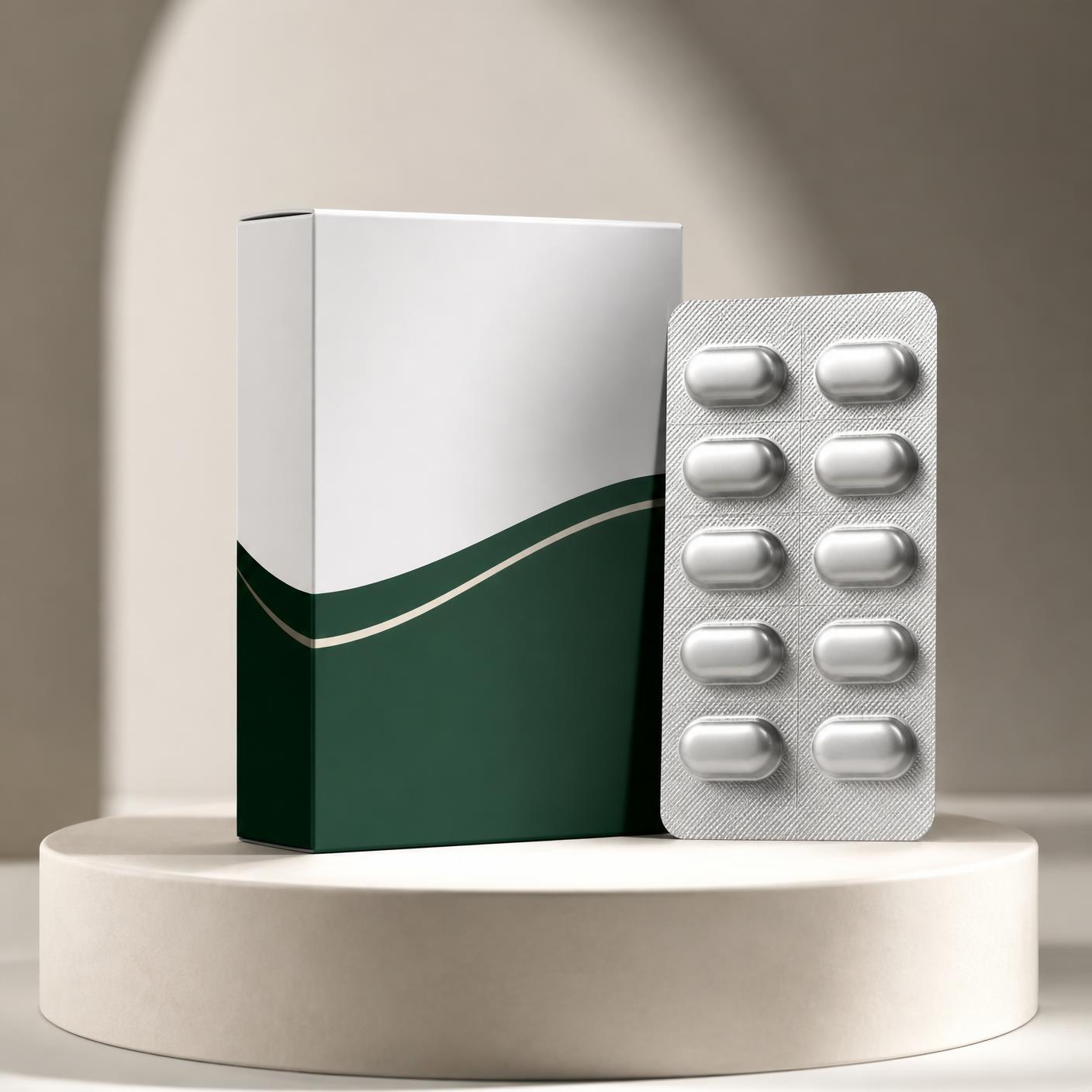 RX DEPLOXE+ pharmaceutical carton and blister strip presented on a studio pedestal